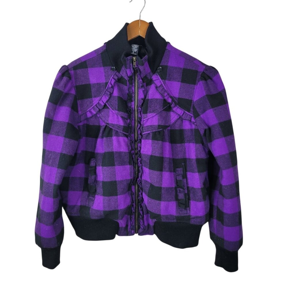 Torrid Bomber Coat Plus Sz 0 0X 14W Wool Plaid Purple Black Ruffle Alt Goth Vtg